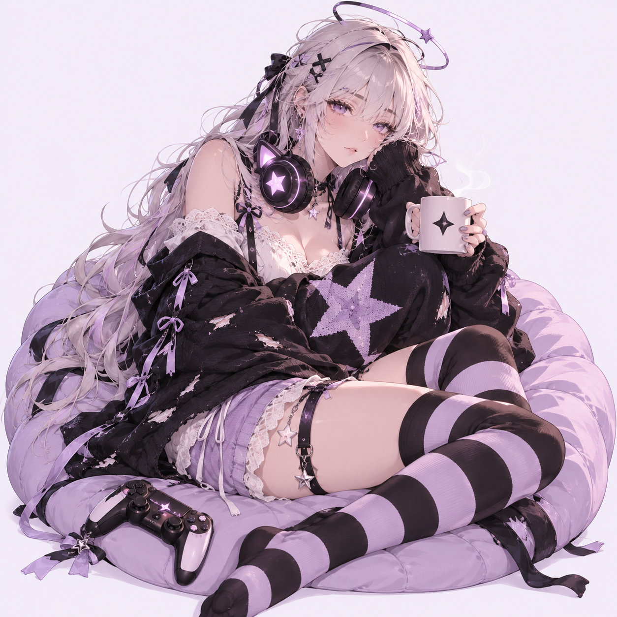 Sora quietly working at a laptop while a controller and headphones rest on a soft cloud cushion